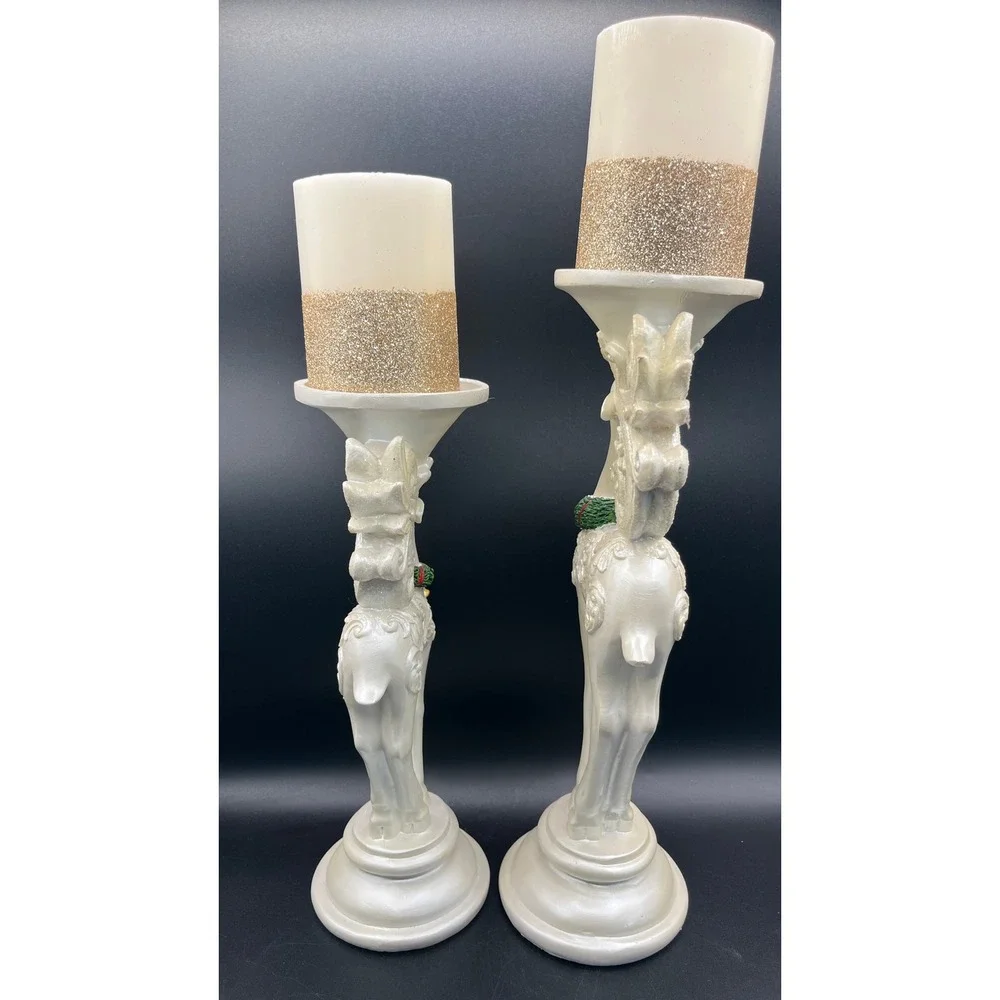 Christmas Reindeer Pillar Candle Holder Set Cream Gold LED Candles 2pc 14